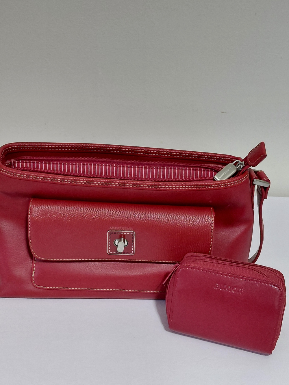 Liz Claiborne Red Leather Shoulder Bag with Matching Coin Pouch